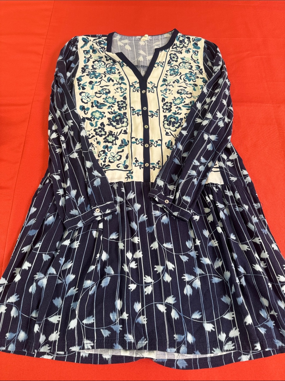 TINY Navy and Cream Long-Sleeve Floral Button-Front Dress
